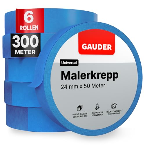 GAUDER Malerkrepp (24 mm x 50 m) | 6x Kreppband für Malerarbeiten und Renovierungen | Abklebeband zum Streichen, Lackieren, Renovieren von GAUDER