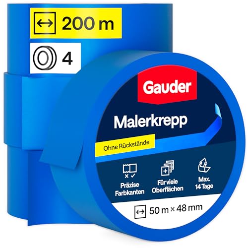 GAUDER Malerkrepp für präzise Farbkanten - Profi-Kreppband für Malerarbeiten - Malerband & Abdeckband blau - Abklebeband aus Washi-Papier (4 Rollen - 48 mm x 50 m) von GAUDER