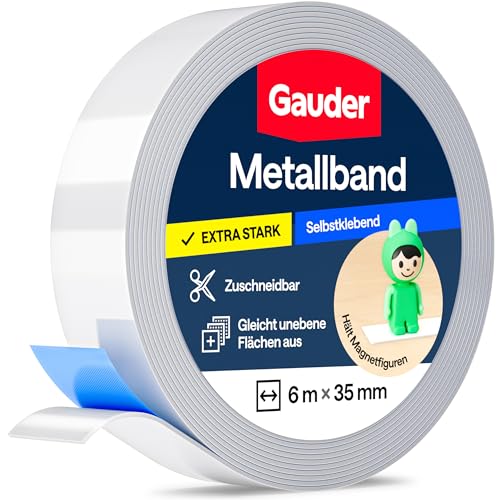 GAUDER Metallband selbstklebend - Ideal für Tonie®-Figuren & -Regale - Magnetband für Magnete - Ferroband mit Schaumstoff-Kleber - Stahlband und Eisenband (6 m x 35 mm) von GAUDER