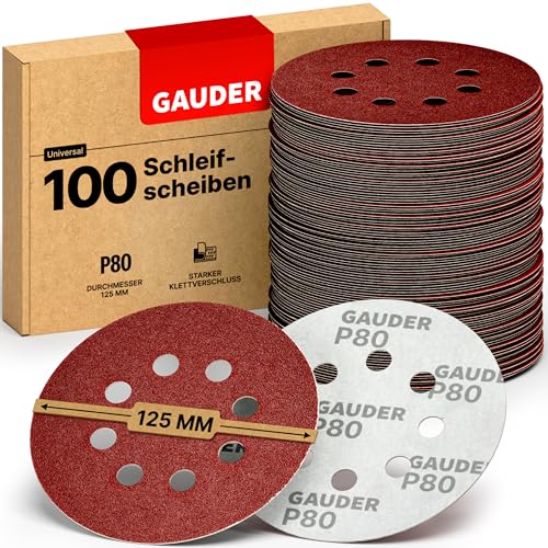 GAUDER Schleifscheiben für Exzenterschleifer Ø 125mm - Klett Schleifpapier 8 Loch - Schleifblätter rund für Holz, Metall und andere Materialien (P80 Körnung - 100 Stück) von GAUDER