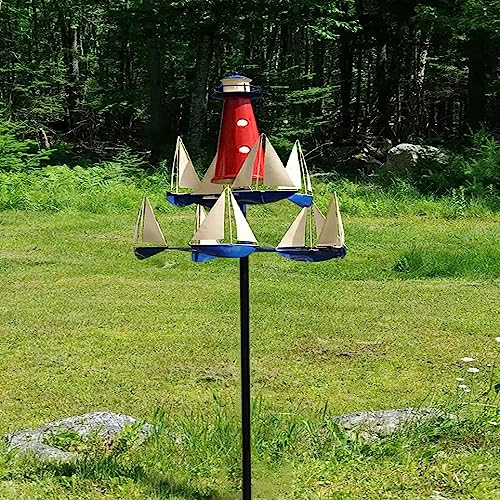 Segelboot & Leuchtturm Whirligig Windspiel – Kinetische Kunst Skulptur; Outdoor Garten Ornamente Dekor für Hof, Terrasse, Rasen – Whirly Spinners, Windmühlen, Wirbel Gigs in elegantem Segelboot-Design von GAWIHU