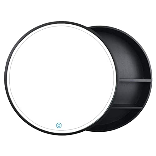 GArcan Runder Spiegelschrank für Badezimmer aus Holz mit LED-Lichtleiste, Wandspiegelschrank für Badezimmer, 2-in-1-Badezimmerspiegel aus massivem Holz in Nebeloptik/runder Kosmetikspiegel zur Wand von GArcan