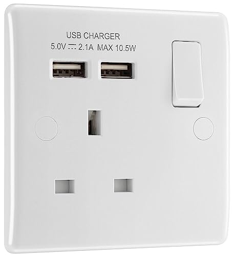 BG Electrical 821u2 Single Switched 13 A Fast Charging Power Socket with Two USB Charging Ports, 2.1 A, 5 V, 10.5 W, Round Edge, White von British General