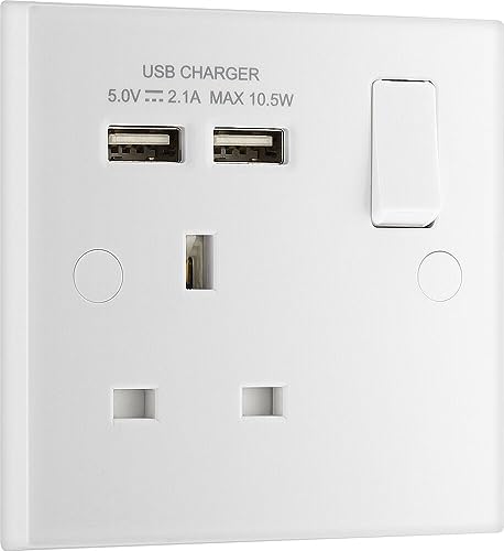 BG Electrical 921U2 Single Switched 13 A Fast Charging Power Socket with Two USB Charging Ports, 2.1 A, 5 V, 10.5 W, Square Edge, White von British General