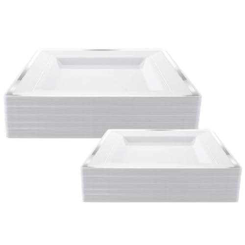 GBACHOOSE 50 Stück Eckig Plastikteller mit Silberrand (2 Größen, 16.5x16.5CM/24x24CM), Mehrweg Partygeschirr, Wiederverwendbar Weiße Servierplatten Fleisch, Fisch, Sushi, Salat, Antipasti von GBACHOOSE