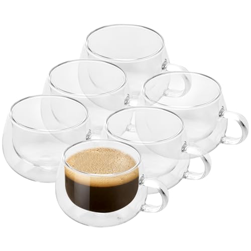 GBACHOOSE 6er Set 130ml Doppelwandige Kaffeegläser mit Henkel, Latte Macchiato Gläser Glas-Kaffeetassen, Espressotassen Isolierte Trinkgläser mit Griff Espressotassen für Macchiato, Milch, latte, Tee von GBACHOOSE