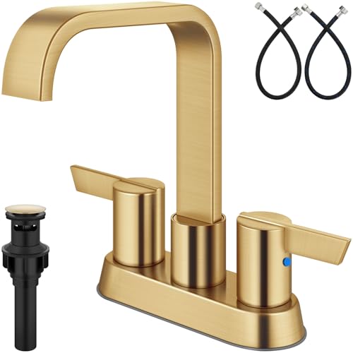 GBBNE Badezimmer-Wasserhahn, 10,2 cm, 3 Löcher, Doppelgriff-Wasserhahn für Badezimmer, Waschtisch mit Zuleitungen und Pop-Up-Ablauf, gebürstetes Gold von GBBNE