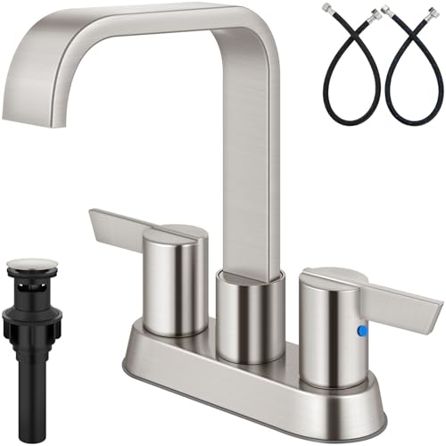 GBBNE Badezimmer-Wasserhahn, 10,2 cm, 3 Löcher, Doppelgriff-Wasserhahn für Badezimmer, Waschtisch mit Zuleitungen und Pop-Up-Ablauf, gebürstetes Nickel von GBBNE