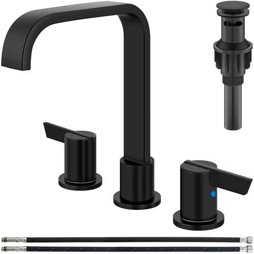 GBBNE Waschbeckenarmatur mit 3 Löchern, breiter Wasserfall-Wasserhahn, 20,3 cm, für Waschbecken, Waschtisch mit zwei Griffen, Pop-Up-Ablauf- und Zulaufschlauch, Mattschwarz von GBBNE