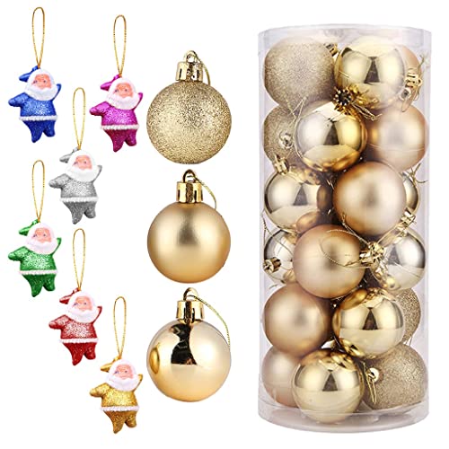 Kunststoff Weihnachtskugeln Set mit Aufhängen 24 x Weihnachtskugeln, Party-Weihnachtsbaumschmuck, hängende Verzierung + 6 x Weihnachtsmann Baumschmuck Weihnachten Weihnachtskugeln (Gold, One Size) von GBEN