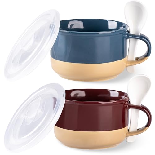 GBHOME 24oz Keramik-Suppentassen 2er-Set mit Henkeln & Deckel,Terrakotta-Unterseite & Löffel für Suppe/Müsli/Salat/Nudeln/Ramen, mikrowellengeeignet & spülmaschinenfest, Blau&Rot GBHOME 24oz Keramik-Suppentassen 2er-Set mit Henkeln & Deckel,Terrakotta-Unterseite & Löffel für Suppe/Müsli/Salat/Nudeln/Ramen, mikrowellengeeignet & spülmaschinenfest, Blau&Rot von GBHOME