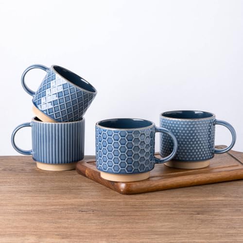 GBHOME Stapelbare Kaffeetassen 4er Set I 350ml Keramik Tassen mit Textur I Spülmaschinen- & Mikrowellengeeignet I Für Latte/Cappuccino I Moderne Geschenkidee für Männer/Frauen von GBHOME