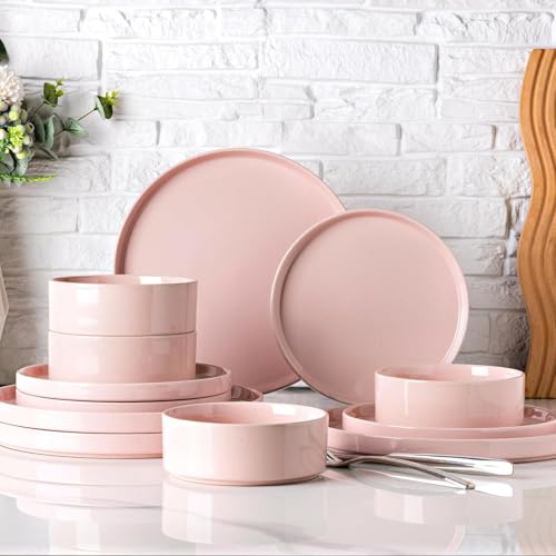 GBHOME Geschirrset für 4 Personen, 12-teiliges Steingut-Set mit gesprenkeltem Design & glasiertem Boden, kratzfest & splitterfest, spülmaschinenfest & mikrowellengeeignet，Rosa von GBHOME