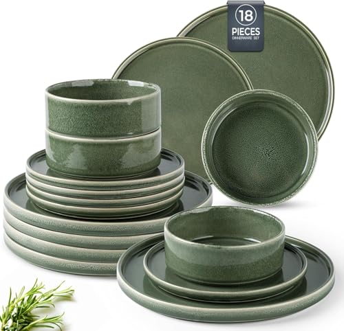 GBHOME Geschirrset für 6 Personen, Steingut Geschirr Set 18-tlg, Keramik Reaktive Glasur Kratzfestes- Schüssel- und Teller-Set, Spülmaschinen- und Mikrowellenfestes für Tafelservice von GBHOME