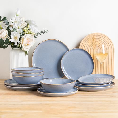GBhome Steingut Geschirrset 4 Personen, 12-tlg Reaktive Glasur Handarbeit Geschirr Set, Mikrowellen- & Spülmaschinenfest Schüssel- und Teller Set von GBHOME