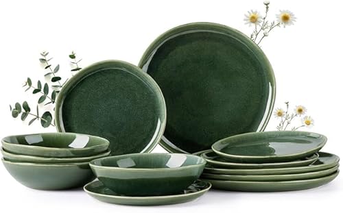 GBhome Steingut Geschirrset 4 Personen, 12-tlg Reaktive Glasur Handarbeit Geschirr Set, Mikrowellen- & Spülmaschinenfest Schüssel- und Teller Set von GBHOME