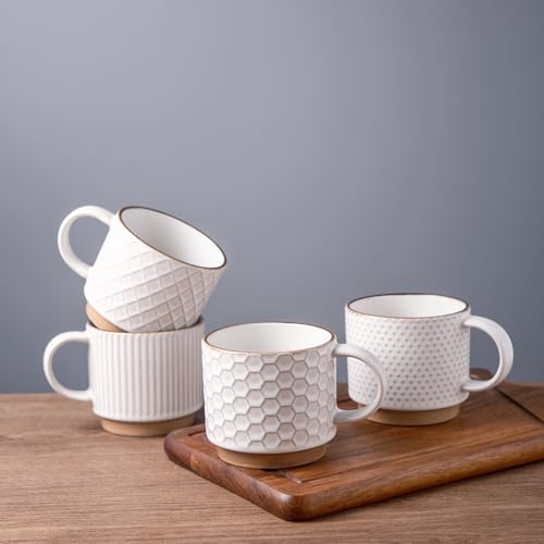 GBHOME Stapelbare Kaffeetassen 4er Set I 220ml Keramik Tassen mit Textur I Spülmaschinen- & Mikrowellengeeignet I Für Latte/Cappuccino I Moderne Geschenkidee für Männer/Frauen von GBHOME