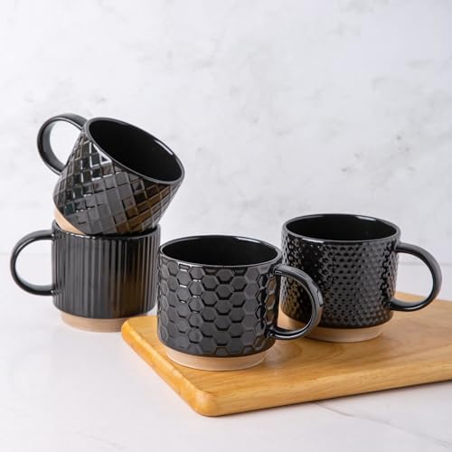 GBHOME Stapelbare Kaffeetassen 4er Set I 350ml Keramik Tassen mit Textur I Spülmaschinen- & Mikrowellengeeignet I Für Latte/Cappuccino I Moderne Geschenkidee für Männer/Frauen von GBHOME