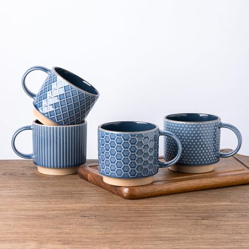 GBHOME Stapelbare Kaffeetassen 4er Set I 480ml Keramik Tassen mit Textur I Spülmaschinen- & Mikrowellengeeignet I Für Latte/Cappuccino I Moderne Geschenkidee für Männer/Frauen von GBHOME