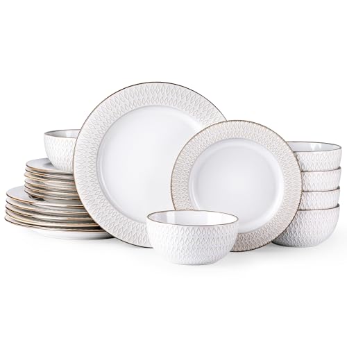 GBhome Geschirrset 6 Personen, 18-tlg Diamant Design Handarbeit Steingut Geschirr Set, Mikrowellen- & Spülmaschinenfest Schüssel- und Teller Set (Diamant Elfenbein, 18 Teile Set) von GBHOME