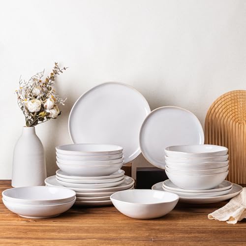 GBhome Steingut Geschirrset 6 Personen, 24-tlg Reaktive Glasur Handarbeit Geschirr Set, Mikrowellen- & Spülmaschinenfest Schüssel- und Teller Set, Beige von GBHOME