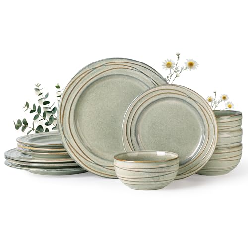 GBhome Steingut Geschirrset 4 Personen, 12-tlg Reaktive Glasur Handarbeit Geschirr Set, Mikrowellen- & Spülmaschinenfest Schüssel- und Teller Set von GBHOME