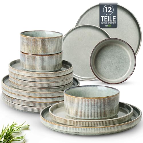 GBhome Steingut Geschirrset 4 Personen, 12-tlg Reaktive Glasur Handarbeit Steingut Geschirr Set, Mikrowellen- & Spülmaschinenfest Schüssel- und Teller Set, Desret Salbei, GDW159GY-EU von GBHOME