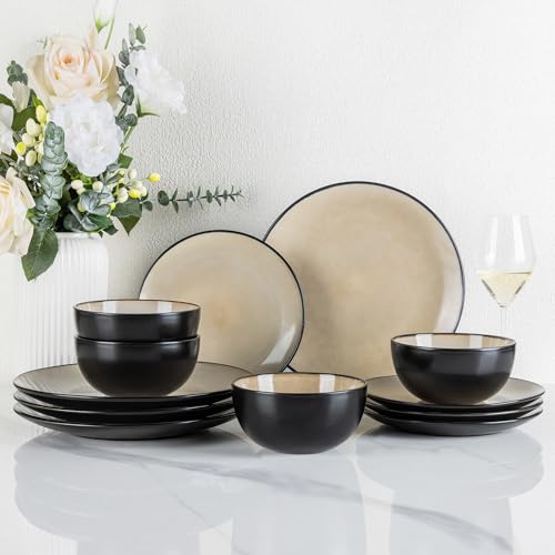GBhome Steingut Geschirrset 4 Personen, 12-tlg Reaktive Glasur Handarbeit Steingut Geschirr Set, Mikrowellen- & Spülmaschinenfest Schüssel- und Teller Set,Cappuccino,GDW025CP-EU von GBHOME