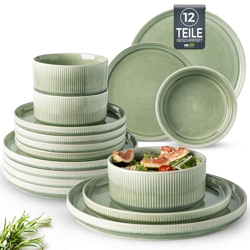 GBhome Steingut Geschirrset 4 Personen, 12-tlg Reaktive Glasur Handarbeit Steingut Geschirr Set, Mikrowellen- & Spülmaschinenfest Schüssel- und Teller Set,Ruhiges Grün,GDW159LG-EU von GBHOME
