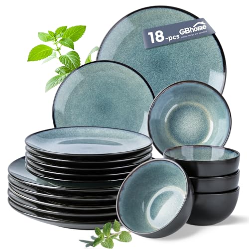 GBhome Steingut Geschirrset 6 Personen, 18-tlg Reaktive Glasur Handarbeit Steingut Geschirr Set, Mikrowellen- & Spülmaschinenfest Schüssel- und Teller Set,Mediterranes blau von GBHOME
