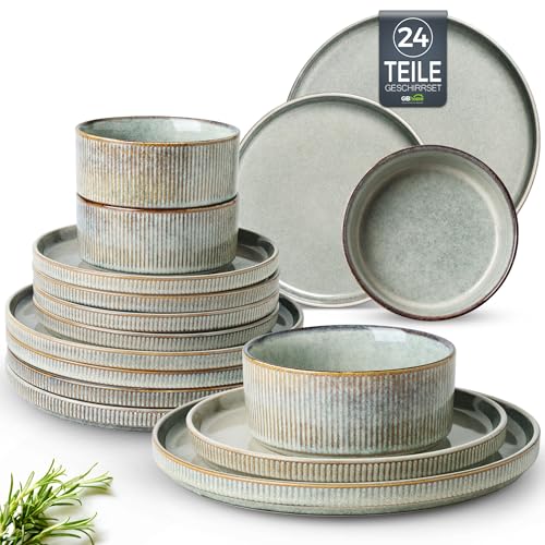 GBhome Steingut Geschirrset 8 Personen, 24-tlg Reaktive Glasur Handarbeit Steingut Geschirr Set, Mikrowellen- & Spülmaschinenfest Schüssel- und Teller Set,Desret Salbei von GBHOME