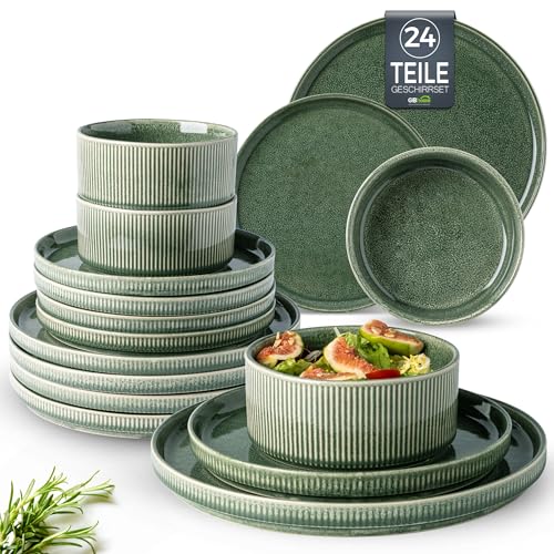 GBhome Steingut Geschirrset 8 Personen, 24-tlg Reaktive Glasur Handarbeit Steingut Geschirr Set, Mikrowellen- & Spülmaschinenfest Schüssel- und Teller Set,Immergrün von GBHOME