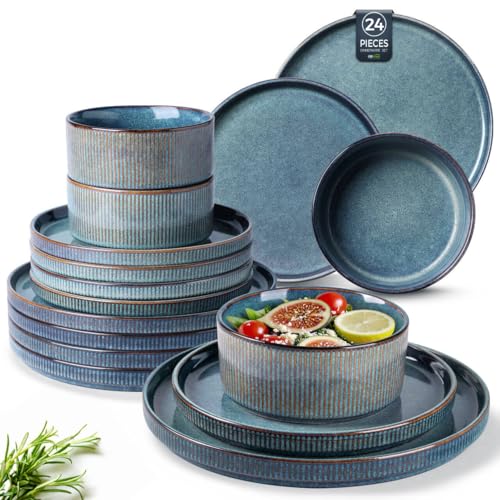 GBhome Steingut Geschirrset 8 Personen, 24-tlg Reaktive Glasur Handarbeit Steingut Geschirr Set, Mikrowellen- & Spülmaschinenfest Schüssel- und Teller Set,Weltraum Blau von GBHOME