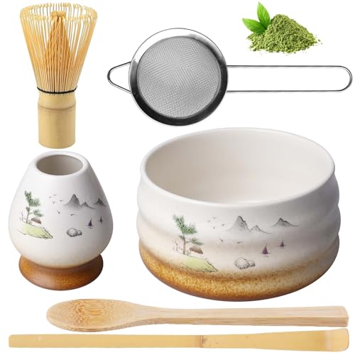 6 Stück Matcha Besen Set, Matcha-Set enthält Matcha-Schneebesen, Schüssel, Löffel, Sieb und Schneebesenhalter, Keramik Matcha Tea Set Japanisches Tee-Set, manuelles Matcha-Set für Teeliebhaber von GBKDQQ