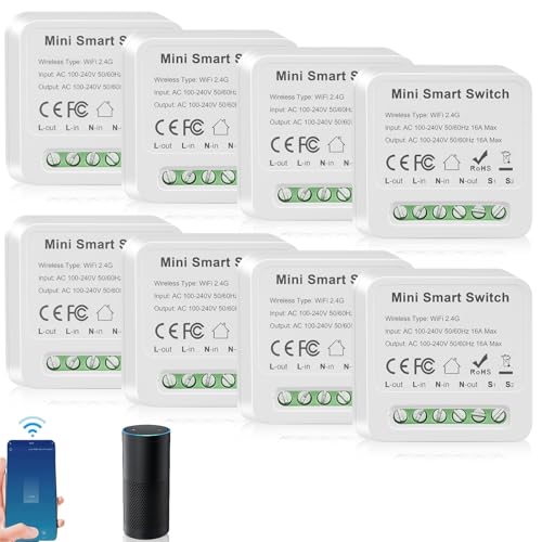 8 Stück Smart Lichtschalter Modul 1 Wege Doppelsteuerung, Mini DIY WLAN Schalter Passt hinter Wandschalter Modul Kompatibel mit Tuya App, Alexa und Google Home, Neutralleiter Erforderlich von GBKDQQ