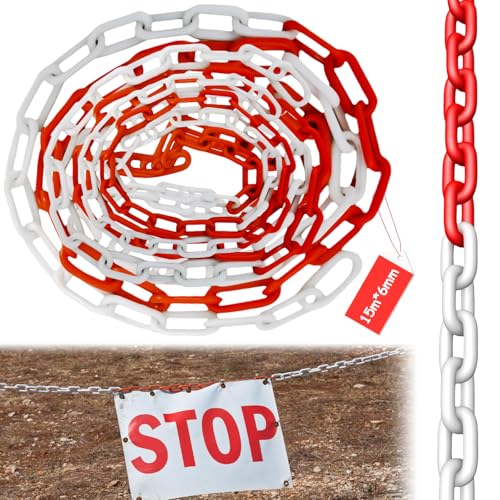 Absperrkette, Kunststoffkette Absperrung 15 Meter x 6mm, Absperrkette Rot Weiß Kunststoff Warnkette Plastikkette Kunststoff-Gliederkette für Warnsicherheit Parkplatz Bau Absperren von Flächen von GBKDQQ