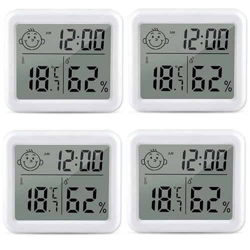Digital Mini Thermometer Hygrometer, 4 Stück Hygrometer Innen mit 3.2 Zoll Display und hohen Genauigkeit, Temperatur Luftfeuchtigkeitsmesser mit Uhr, raumthermometer für Gewächshaus, Büro und Heim von GBKDQQ