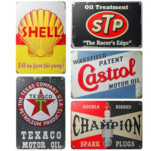 GBKDQQ 5er Set Garage Blechschilder, 20 x 30 cm Blechschilder Retro Metall Poster Werkstatt Blechschild Benzin Wandschild Motoröl Metall Schilder Motorrad Metallschild, Auto Werkstatt Deko von GBKDQQ