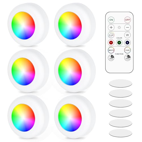 GBKDQQ 6 Stl LED RGB Spots Batteriebetrieben mit Fernbedienung, 16 Farbwechsel Schrankbeleuchtung Dimmbar Vitrinenbeleuchtung LED Touch Lampe Timer und Memoryfunktion LED Spot Batterie zum Klebepads von GBKDQQ