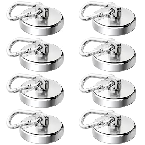 GBKDQQ 8 Stück Magnethaken Extra Stark 32 mm mit Öse, Magnet Karabiner 42KG Zugkraft Neodym Magnete 360°Drehen Magnetische Haken, Magnete Stark für Küche Badezimmer Schließfächer, Silber von GBKDQQ