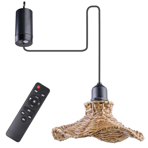 GBKDQQ Hängelampe mit Batterie, Vintage Pendelleuchte Rattan Lampe mit Fernbedienung Rattan Hängelampe E27 Lampefassung Pendelleuchte ohne Stromanschluss für Patio Bar Hof Garten von GBKDQQ