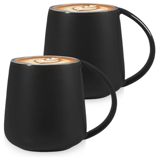 GBKDQQ Keramik-Bauchbecher 380ml mit Mattem Finish, 2 Stück Kaffeetassen, Keramik Teetasse matt mit Henkel, Kaffeebecher Porzellan Große Kaffee-/Teetasse, Kaffeebecher Set für Kaffee Tee (Schwarz) von GBKDQQ