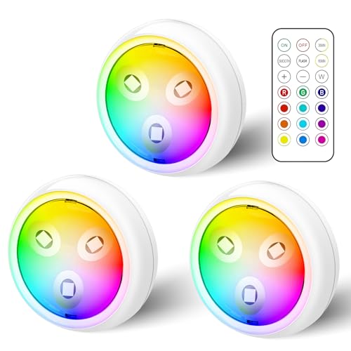 GBKDQQ LED RGB Spots Batteriebetrieben mit Fernbedienung 3er Set, 13 Farbwechsel Schrankbeleuchtung Dimmbar Vitrinenbeleuchtung Kabellos LED Touch Lampe Timer Unterbauleuchte Batterie zum Klebepads von GBKDQQ