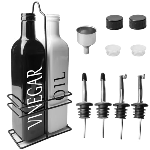 GBKDQQ Öl und Essig Spender Flasche 500ML Glas-Set, 2-teiliges Schwarz/Weiß Design mit Caddy Halter, Edelstahl-Ausgießer und Trichter, Auslaufsicher für Olivenöl und Balsamico in Küche und Restaurant von GBKDQQ