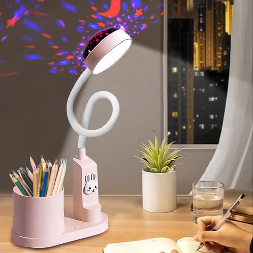 GBKDQQ Schreibtischlampe Kinder, LED Nachttischlampe Kinder mit Stifthalter LED Tischlampe Dimmbar Himmel Tischlampe Wiederaufladbare 360° Verstellbar Schwanenhals Leselicht mit Stern Projektion von GBKDQQ