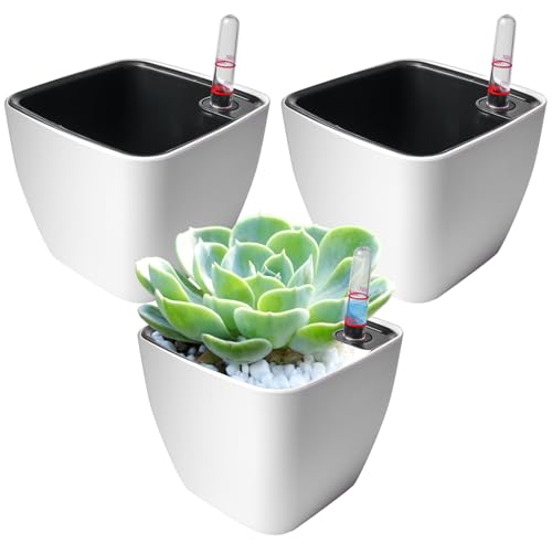 GBKDQQ Selbstbewässerungstopf mit Wasserstandsanzeigen, 3er Set Kräutertopf Selbstbewässernd 13 * 11 cm, Selbstwässernde Wasserspeicher mit Topf-in-Topf System von GBKDQQ