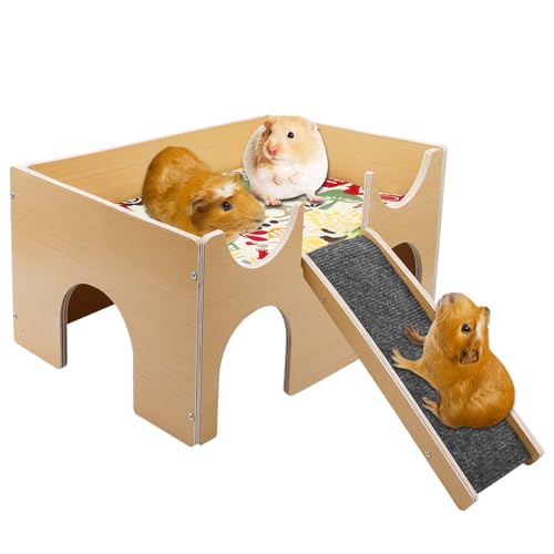 Groß Meerschweinchen Haus mit Rampe, Hamster Haus Holz Meerschweinchen Spielzeug Meersch weinchen Zubehoer Holz-Kletterspielzeug Rennmäuse, Stachelmäuse, Zwerghamster 38 x 24 x 18 cm von GBKDQQ