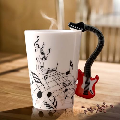 Keramik Kaffeetasse mit E-Gitarre Henkel, Musik Note Bedruckt Teetasse Geschenk Tasse Keramiktasse Kaffeebecher Für Musiklieber Musik Geschenk, 250ml, Rote von GBKDQQ