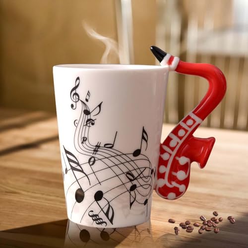 Keramik Kaffeetasse mit Saxophon Henkel, Musik Note Bedruckt Teetasse Geschenk Tasse Keramiktasse, Kaffeebecher Für Musiklieber Musik Geschenk, 250ml, Rot von GBKDQQ