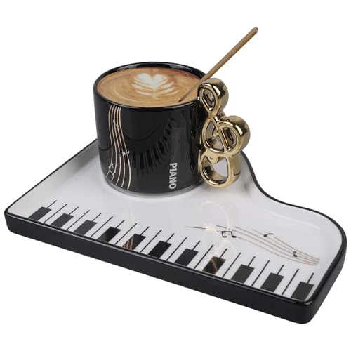 Klavier Kaffeetasse, 200ml Musiknoten Keramik kaffeebecher, Tassen Untertassen Set Cappuccino Tassen mit Unterteller und Löffel, Porzellan Musiktasse, Espressotasse für Musikliebhaber von GBKDQQ